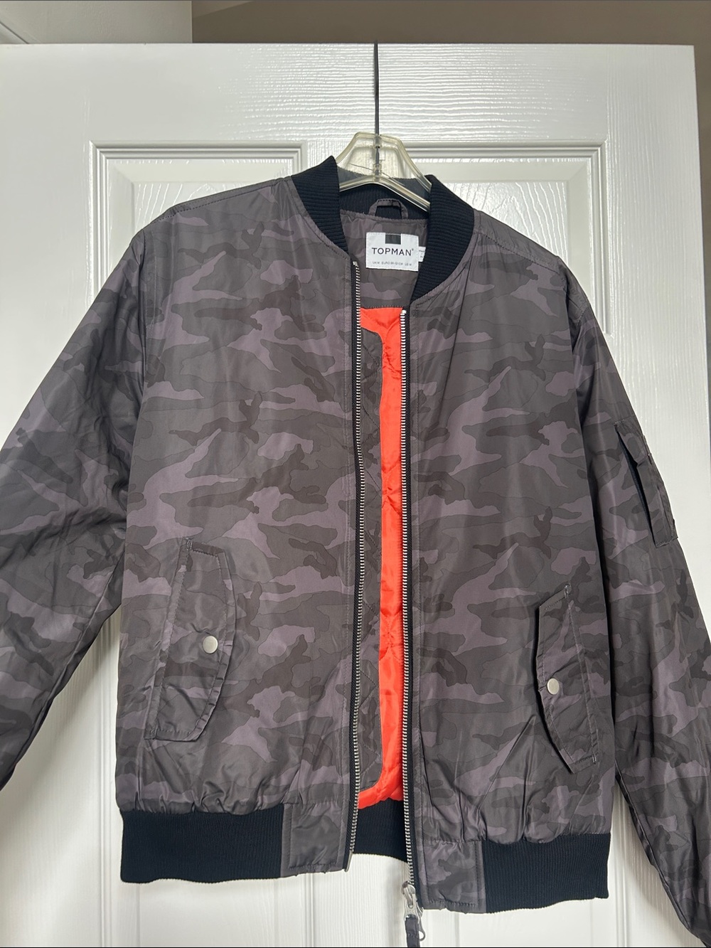 Topman Gray Camo Bomber Jacket with Orange Lining